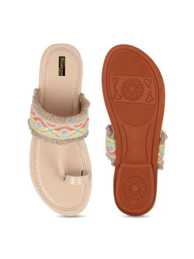 Stylestry Women Cream-Coloured Woven Design One Toe Flats
