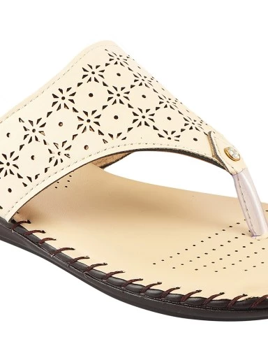 Stylestry Women Cream Laser Cuts Open Toe Flats