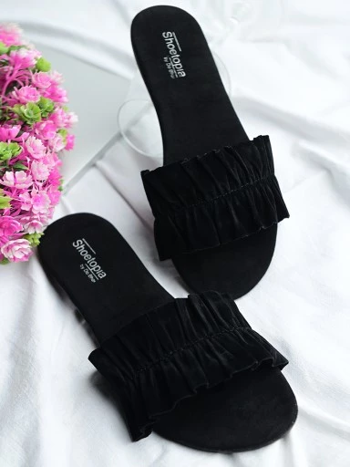 Stylestry Womens & Girls Black Solid Open Toe Flats