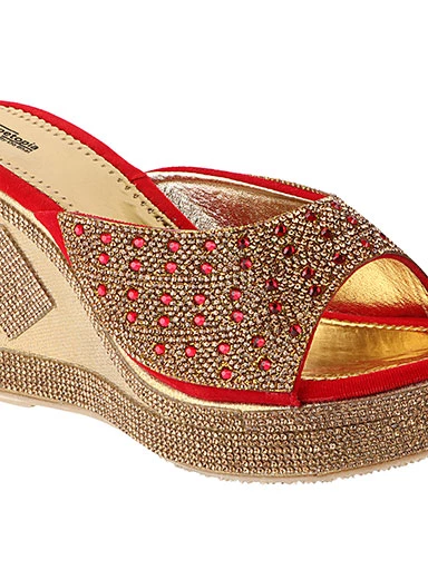 Stylestry Women's & Girl's Red Embellished Ethnic Wedges Heels Sandals
