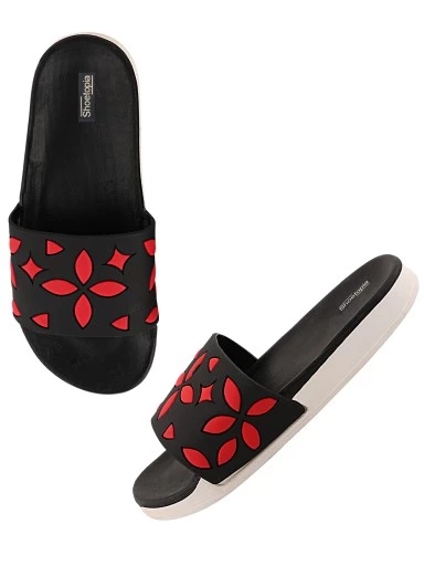 Stylestry Women Black & Red Printed Sliders