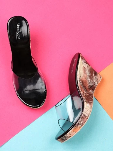 Stylestry Womens & Girls Black & Transparent Wedge Heels