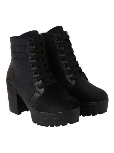 Stylestry Womens & Girls Black Solid Heeled Boots