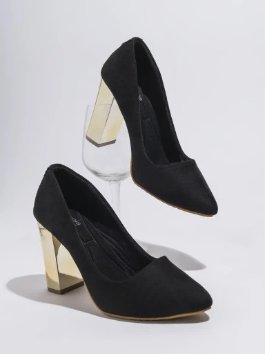 Stylestry Womens & Girls Black Block Heels Pointed Toe Solid Pumps