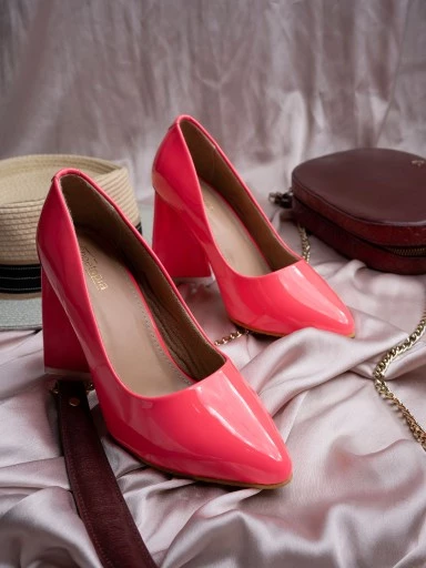 Stylestry Statement Block Heeled Pumps in Pink patent Form Women & Girls
