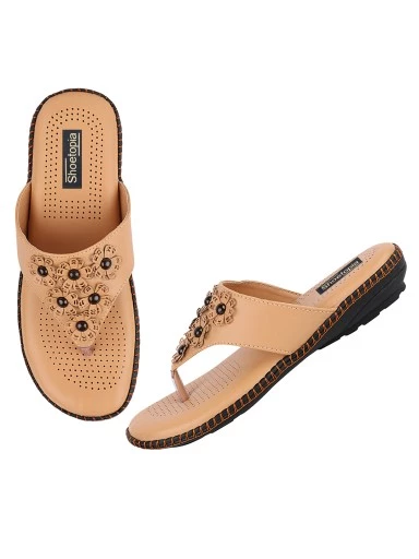 Stylestry Women Beige Black Embellished T-Strap Flats