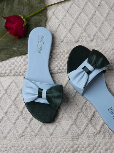 Stylestry Womens & Girls Green & Blue Colourblocked Open Toe Flats