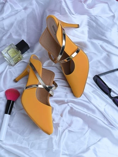 Stylestry Womens & Girls Yellow Pointed Toe Slim Heeled Mules