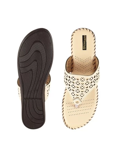 Stylestry Women Cream-Coloured Laser Cut Open Toe Flats
