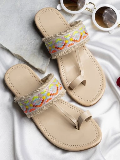 Stylestry Women Cream-Coloured Woven Design One Toe Flats