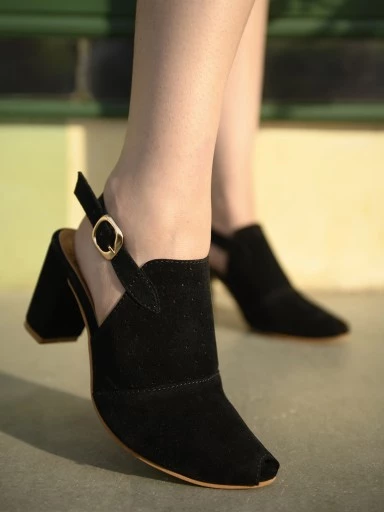 Stylestry Womens & Girls Black Laser Cuts Peep-Toed Heeled Mules