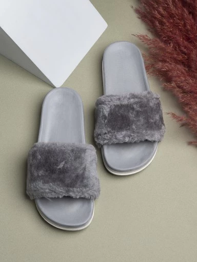 Stylestry Women Grey Solid Fur Slider Flip Flops