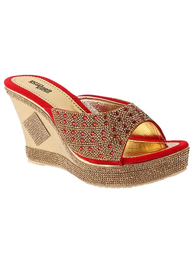 Stylestry Women's & Girl's Red Embellished Ethnic Wedges Heels Sandals