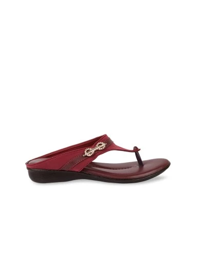 Stylestry Women Maroon T-Strap Flats with Laser Cuts