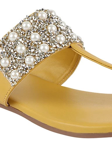 Stylestry Womens & Girls Yellow & Silver-Toned Embellished Leather Ethnic One Toe Flats