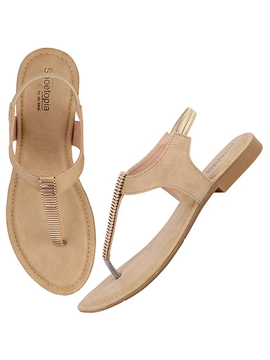 Stylestry Womens & Girls Beige Embellished T-Strap Flats