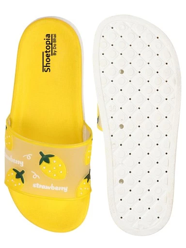 Stylestry Women Transparent & Yellow Printed Sliders