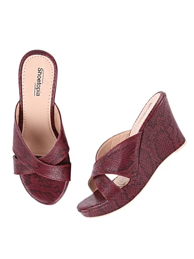 Stylestry Maroon Animal Textured Wedge Peep Toes