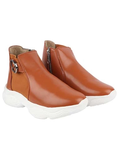 Stylestry Womens & Girls Tan Zipper Mid Top Heeled Boots