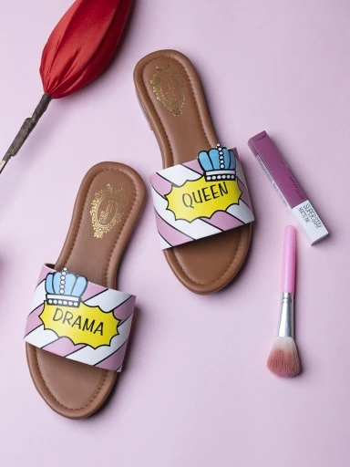 Stylestry Women Pink & Yellow Printed Open Toe Flats