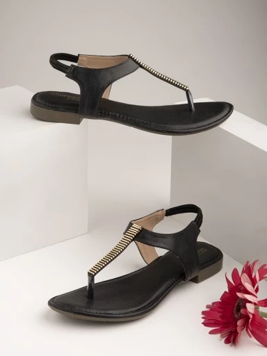 Stylestry Womens & Girls Black Embellished T-Strap Flats