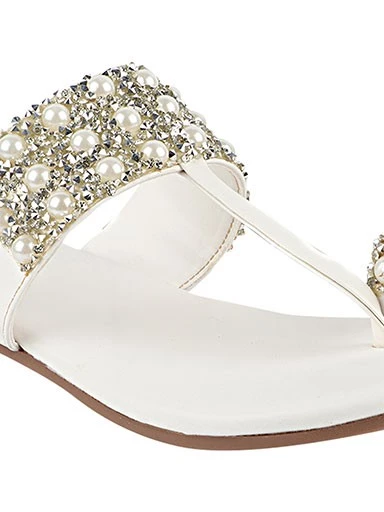 Stylestry Womens & Girls White & Silver-Toned Embellished Leather Ethnic One Toe Flats