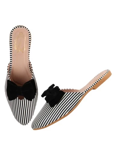 Stylestry Women Black & White Striped Mules with Bow