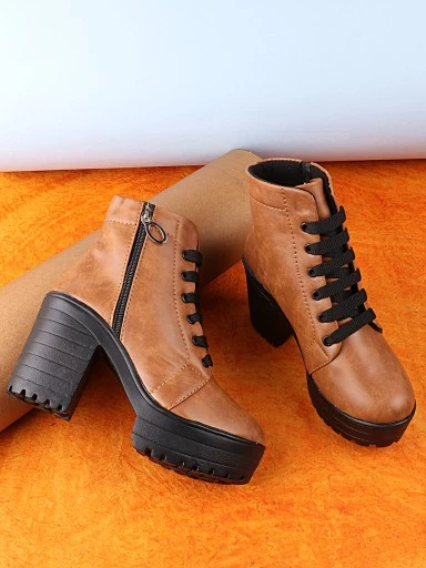 Stylestry Womens & Girls Tan Coloured Solid Lace Up Boots