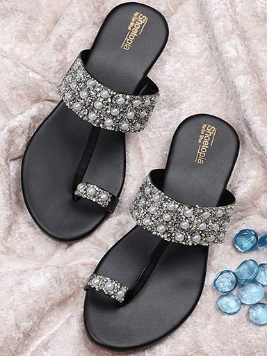 Stylestry Womens & Girls Black & Silver-Toned Embellished Leather Ethnic One Toe Flats