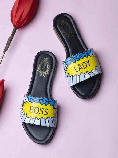 StylestryWomen Black Printed Open Toe Flats