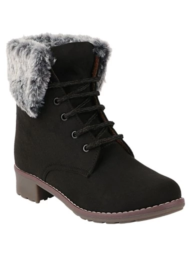 Stylestry Womens & Girls Black Solid Lace Up Fur Boots
