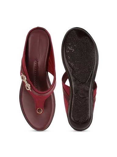 Stylestry Women Maroon T-Strap Flats with Laser Cuts