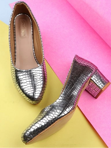 Stylestry Womens & Girls Silver Textured Block Pumps