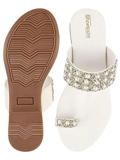 Stylestry Womens & Girls White & Silver-Toned Embellished Leather Ethnic One Toe Flats