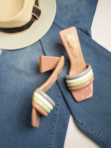 Stylestry Trendy Casual Party Wear Stylish Upper Striped Peach Block Heels For Women & Girls