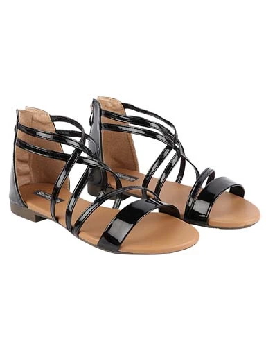 Stylestry Womens & Girls Black Zipper Gladiator Flats
