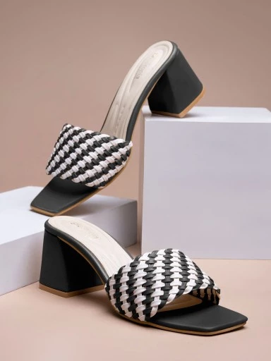 Stylestry Womens & Girls Black & White Striped Block Peep Toes