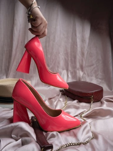 Stylestry Statement Block Heeled Pumps in Pink patent Form Women & Girls