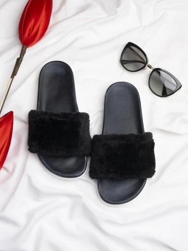 Stylestry Women Black Solid Fur Sliders