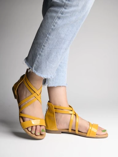 Stylestry Womens & Girls Yellow Zipper Gladiator Flats