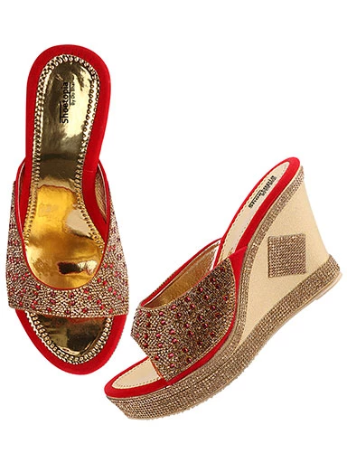 Stylestry Women's & Girl's Red Embellished Ethnic Wedges Heels Sandals