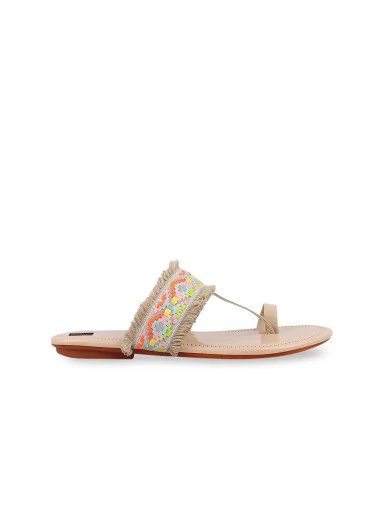 Stylestry Women Cream-Coloured Woven Design One Toe Flats