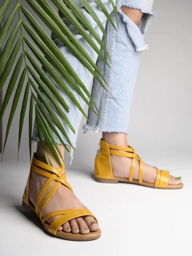 Stylestry Womens & Girls Yellow Zipper Gladiator Flats