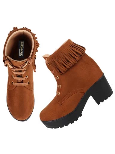 Stylestry Womens & Girls Tan Lace Up Heeled Boots