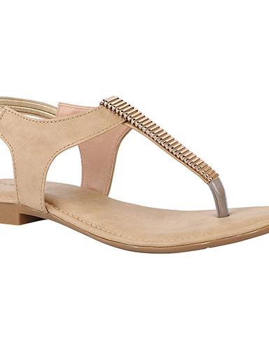 Stylestry Womens & Girls Beige Embellished T-Strap Flats