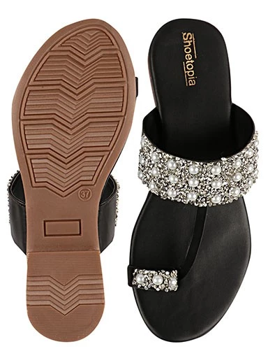 Stylestry Womens & Girls Black & Silver-Toned Embellished Leather Ethnic One Toe Flats