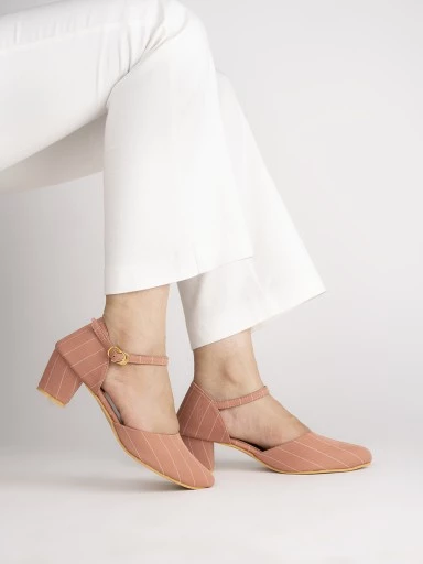 Stylestry Womens & Girls Pink Striped Block Heels Pumps