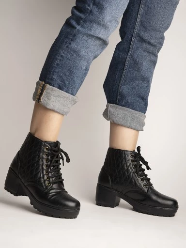 Stylestry Womens & Girls Lace Up High Top Solid Black Heeled Boots