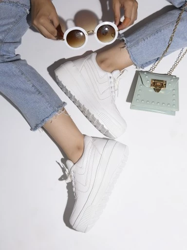 Stylestry Women White Solid Suede Heeled Sneakers