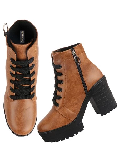 Stylestry Womens & Girls Tan Coloured Solid Lace Up Boots